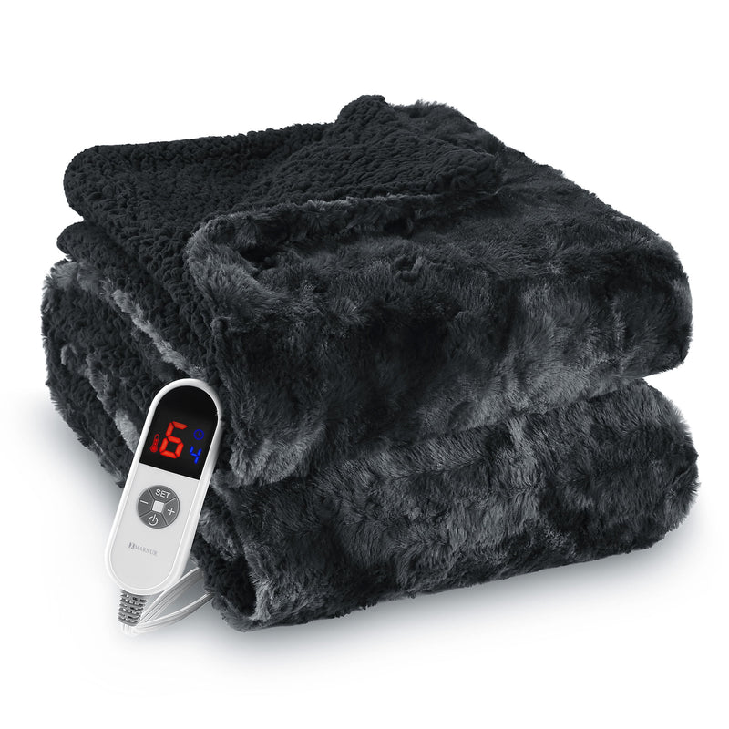Heated Blanket Electric Throw 50" X 60", Soft Faux Fur & Shu Velvet Heated Throw Blanket, 6 Heating Levels, 4 Hours Timer, Tie-Dye off Black