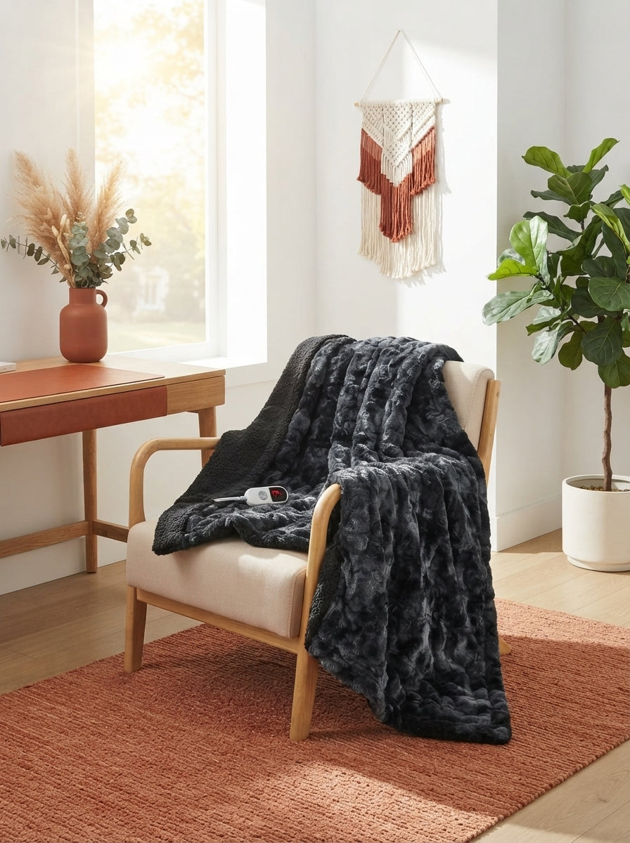 A tie-dye faux fur and velvet heated throw blanket draped over a modern armchair in a sunlit room with terracotta and white a